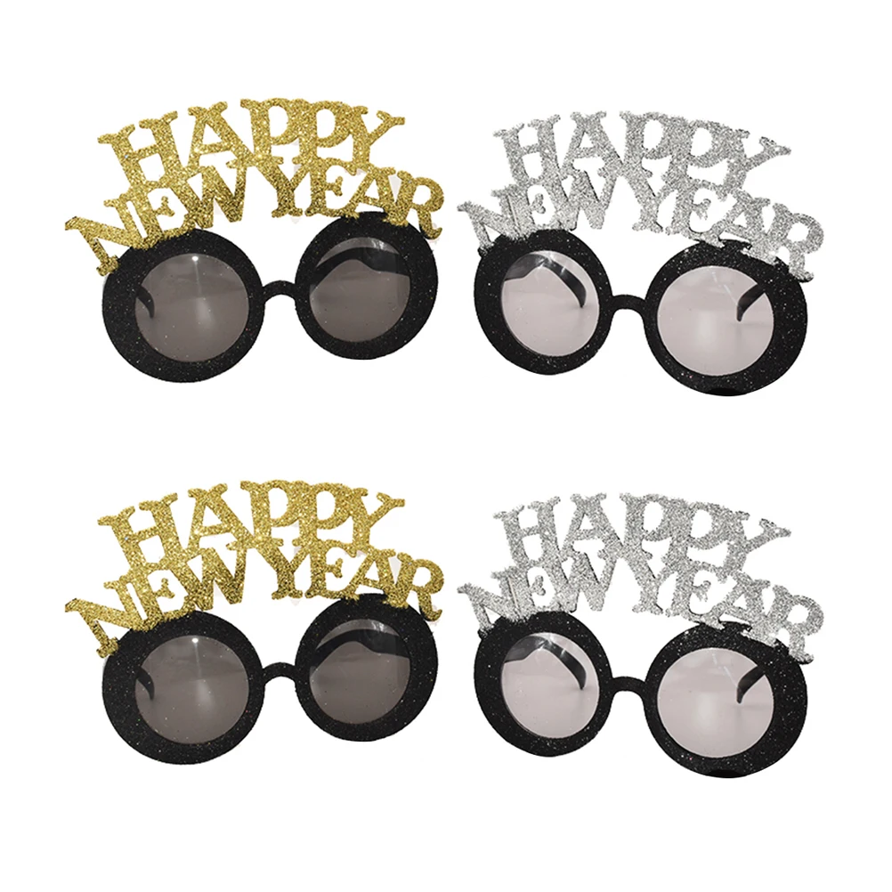 

4Pcs Happy New Year Glitter Glasses Novelty Eyeglasses Creative Costume Props Party Favors for New Year Celebration