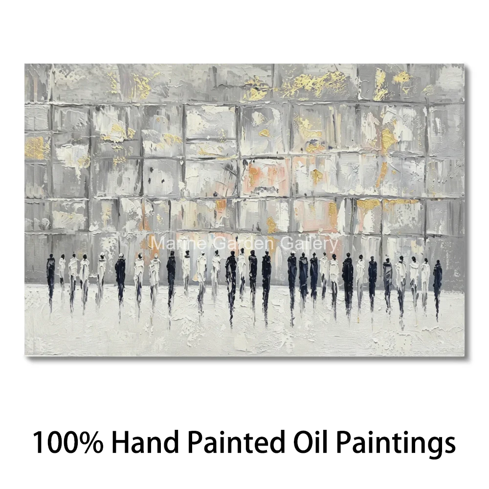 Textured Jerusalem Oil Painting Abstract Kotel Western Wall Grey Gold Handmade Contemporary Canvas Art for Jewish Dining Room