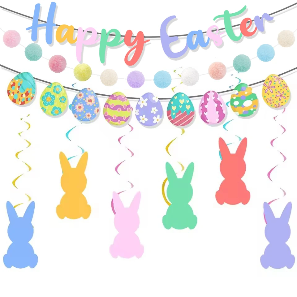 Easter Banner Easter Sign Garlands Rabbit Swirl Hanging Decoration Easter Egg Carrot Bunny Banner Happy Easter Party Decorations