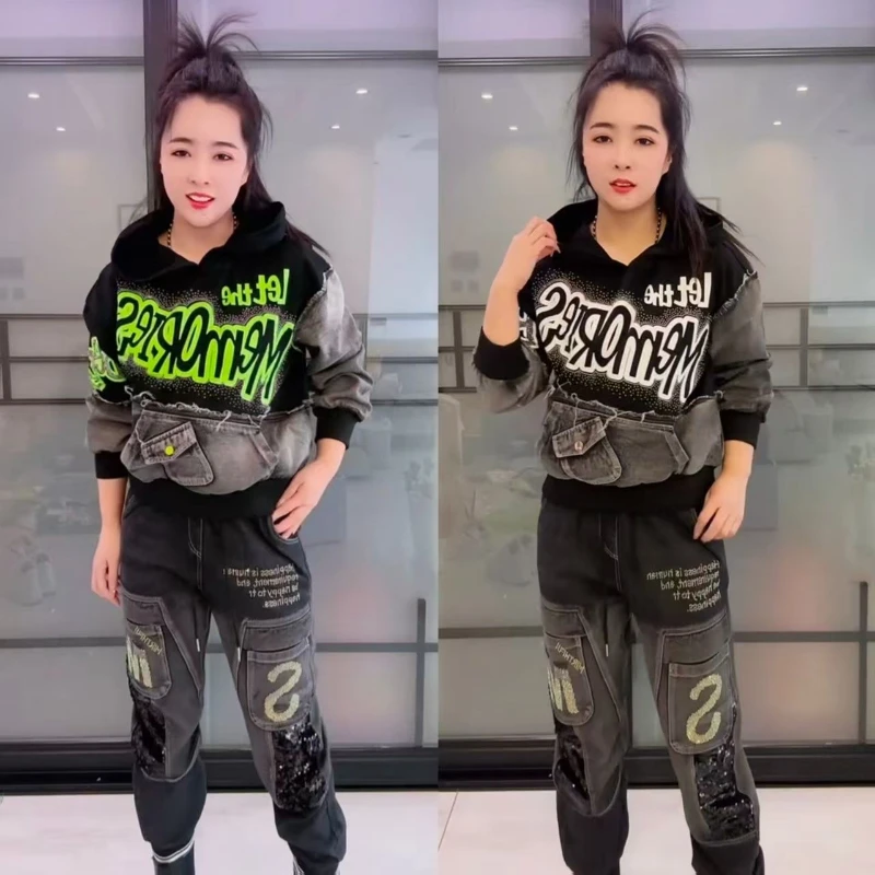 

2025 plus size denim suit women's autumn new letter printed hooded sweatshirt retro fashion casual sports two-piece set