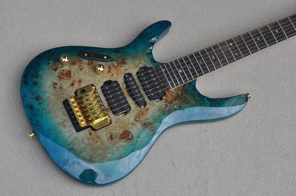 Left Hand 6 Strings Blue Electric Guitar with Treomolo Bar,Burl Maple Veneer,Abalone Inlay