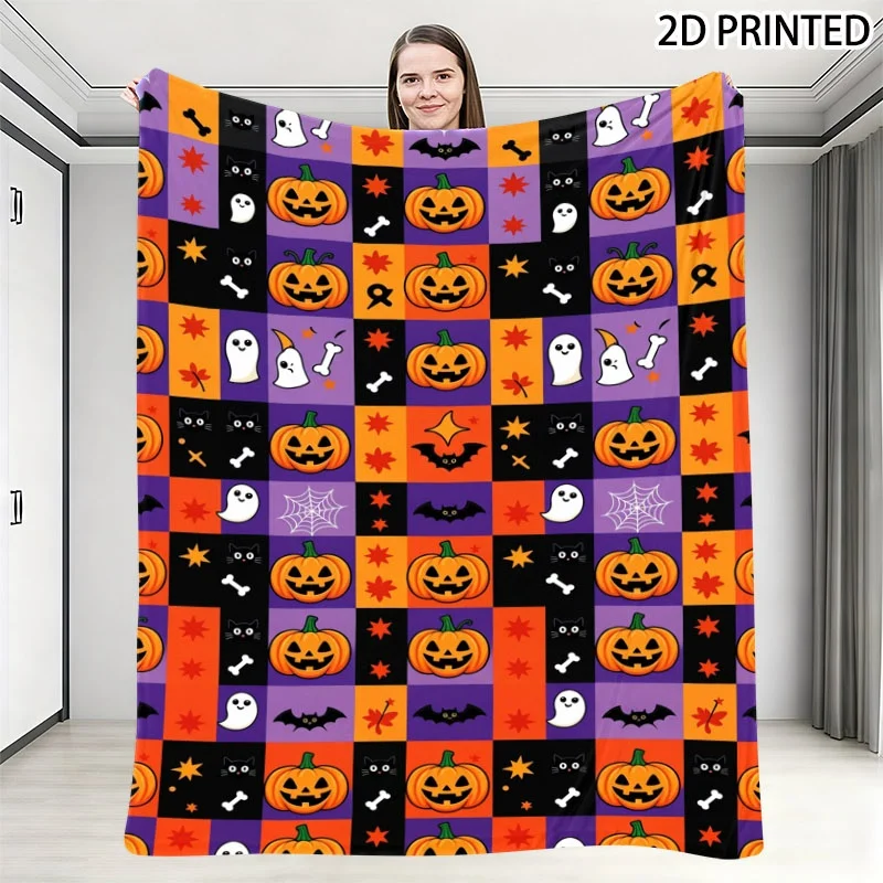 Halloween Themed Plaid Throw Blanket with Carved Pumpkin, Ghost, Black Cat, Bat & Spooky Elements Print, Multiple Specifications