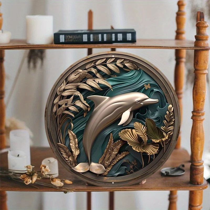 Circular Sculpture with Dolphin Swimming in It Round Mark, Aluminum Metal Sign, Suitable for Wall, Home Decoration, 8in, 11.8in