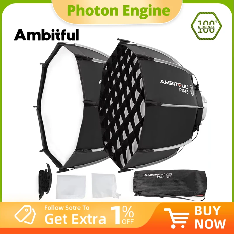 AMBITFUL PS45 SE Mini 45cm Quick Release Bowens Mount Octagon Softbox with Honeycomb Grid for SL60II LED Flash Outdoor Photograp