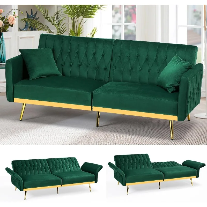 Velvet Futon Sofa Bed w/Adjustable Backrests and Armrests, Convertible Futon Couch with Two Pillows, Modern Tufted Sleeper Bed