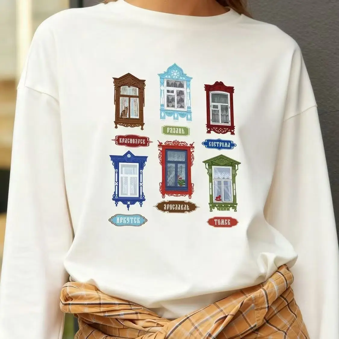 White Tshirt Women Russian Traditional Woodcarving Window Decoration Printed Long Sleeve Streetwear T-shirt Spring Clothes 2026