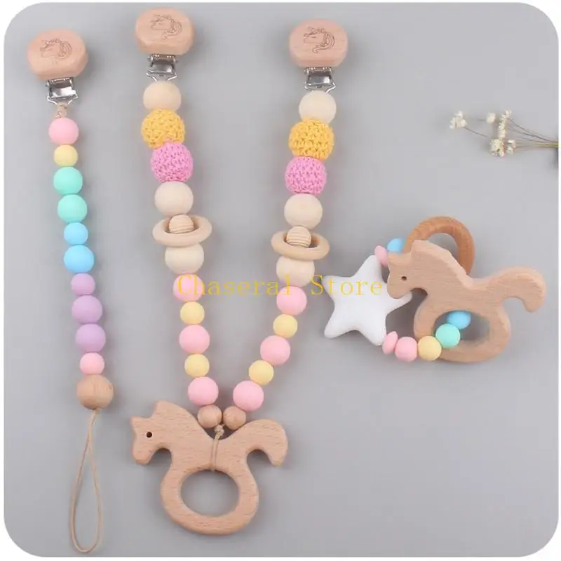 

E7CE 3 Pcs/Set Baby Stroller Pendants Pacifier Chain Pram Clip with Silicone Beads Infants Wooden Teether Bracelet Rattle