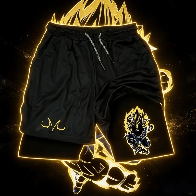 

2026 Summer Dragon Ball Z Fashion Breathable Double Layer Shorts Men's Oversized Casual Sports Shorts Majin Vegeta Print Unisex