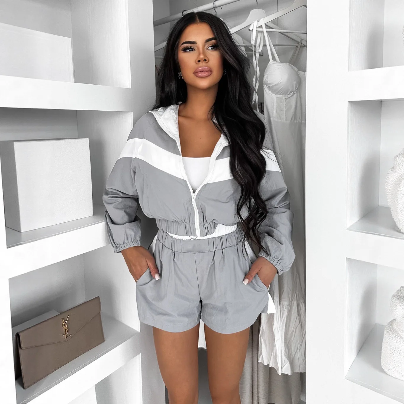 Women Fashion Zip Up Color Block Set Long Sleeve Contrast Cardigan Elastic Shorts Two Piece Outfit