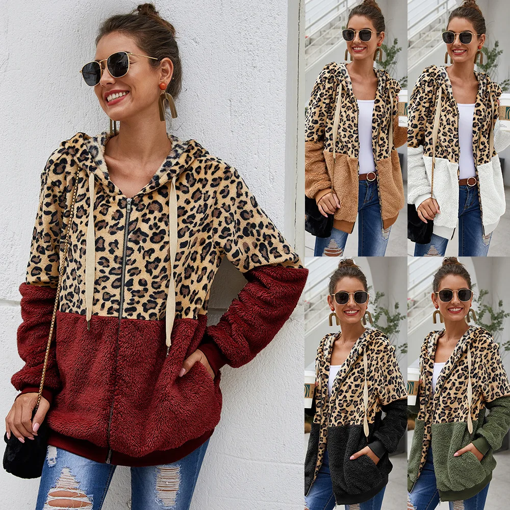 Autumn Winter Sweatshirts Women Hooded Leopard Hoodies Casual Zipper Long Sleeve Hoodie Fashion Top Warm Coat Polerones Mujer