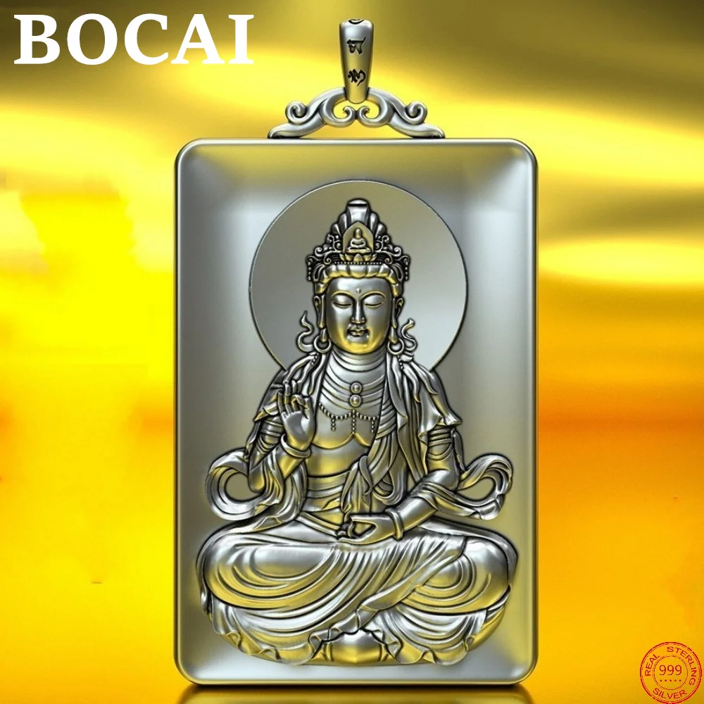 

BOCAI S999 Sterling Silver Pendants for Women Men New Fashion Avalokitesvara Rectangle Argentum Amulet Jewelry Free Shipping