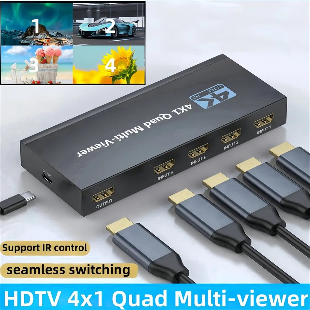 A69ZBG! 4K -Compatible Quad Multi Viewer 4 in 1 Out 1080P Screen Viewer Seamless Switcher for Camera PC TV Monitor