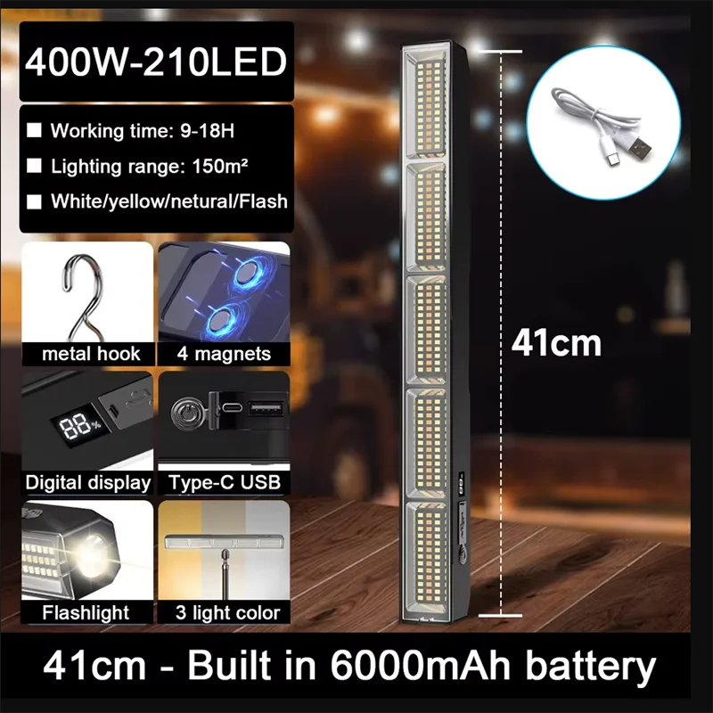 【Krachtige magnetische LED-lichtbalk】 2026 nieuwe draagbare USB oplaadbare werklamp 3 modi IP66 waterdichte noodstroombank