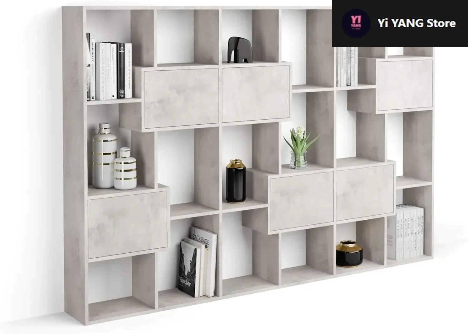 

Iacopo M Bookcase with Panel Doors (63.3 x 93.1 in), Concrete Effect, Grey, Storage Bookcase, Modern Bookshelf for Living Room