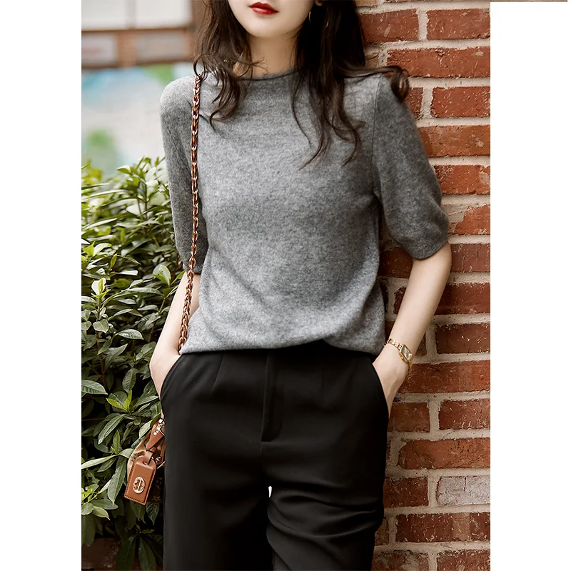 Casual Knitted Shirt Women Tops Summer 2024 Solid Loose Half-Turtleneck Blouse Women Clothing Fashion Chic Korean Clothes 13777