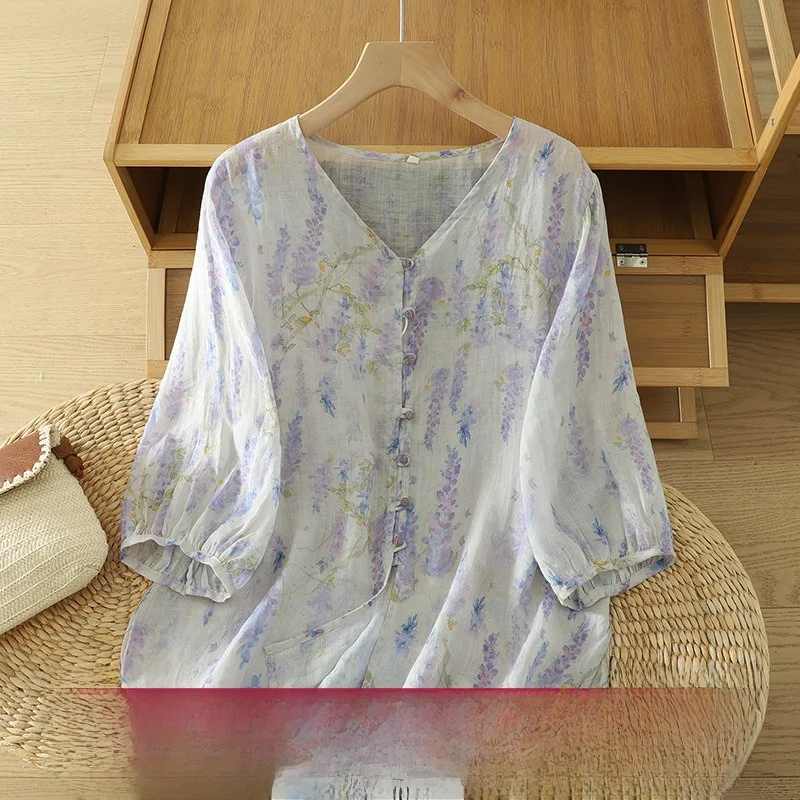 

Lightweight Breathable V-Neck Casual Style Shirt Women's Summer Fashion Artistic Loose Fit Cotton Blend Open Cardigan