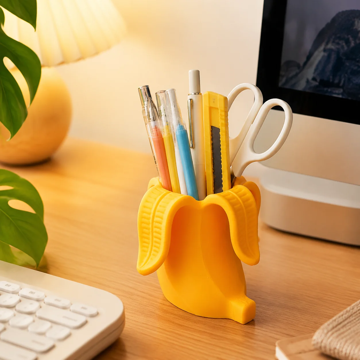 Cute Banana Shaped Plastic Pen Holder, Desk Organizer, Multifunctional Decor Storage Rack for Makeup Brushes Stationery