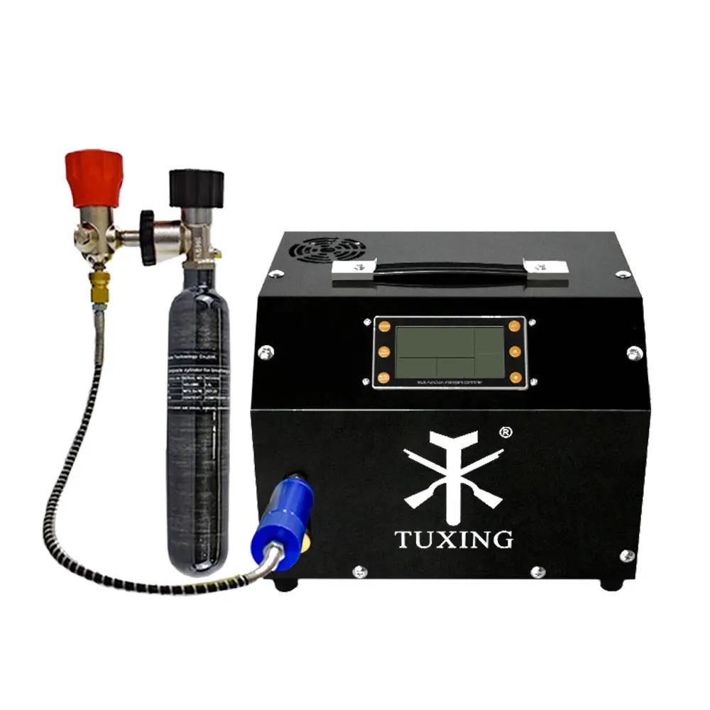 

TUXING High Speed Customizable Oil-free 4500Psi 300Bar 12V High Power Paintball PCP LCD Display Air Compressor With Cylinder