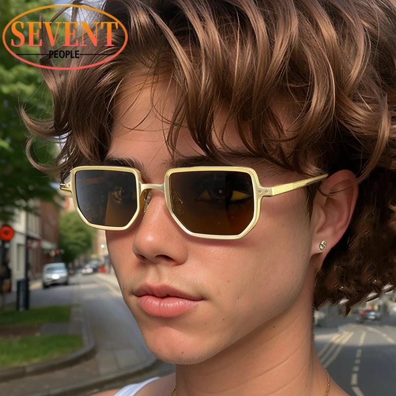 

Retro Small Frame Rectangle Sunglasses Men 2025 Luxury Brand Trendy Vintage Driving Shades UV400 Protection Gold Polygon Eyewear