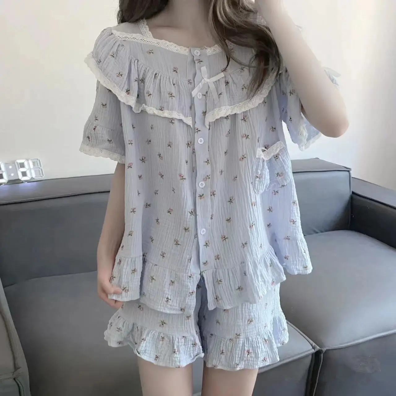 

Lace Princess Pajama Sets Women's Summer Korean Style Floral Short Sleeve Home Clothing Wo Pieces Cute Clothes New Pajamas Cheap