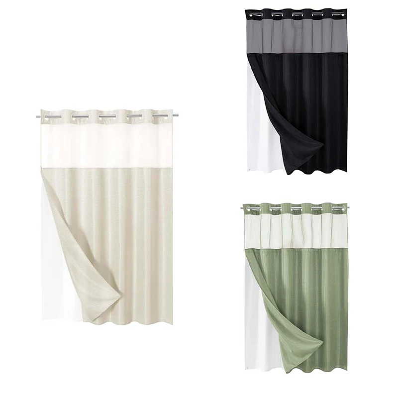 New No Hook Waffle-Weave Shower Curtain With Snap-In Fabric Liner Set For Bathroom, Hotel Style With Mesh Top Window