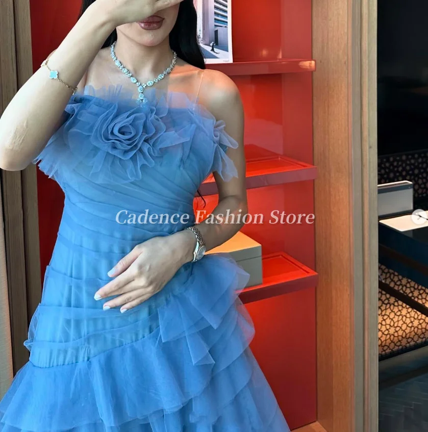 فساتين لحضور الحفلات الموسيقية الرائعة بدون حمالات باللون الأزرق في دبي فساتين سهرة عربية طويلة من الدانتيل فساتين مأدبة رسمية 2025