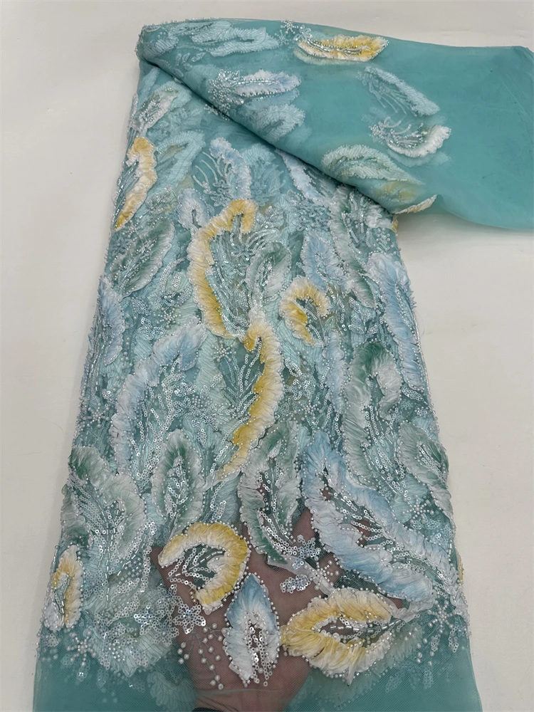 2025 Luxury 3D Lace Fabric Dubai Hand Beaded Tulle Lace Fabric Embroidered Applique African Nigerian Fabric For Sewing