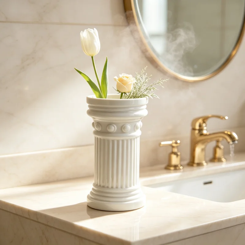 Roman Column-Style Office Decorative Vase, Greek Pillar-Style Classical Architectural Flower Vessel, Grooved Ribbed Texture with Embossed Bead Details, Matte White Stable Base with Exquisite Craftsmanship That Never Goes Out of Style, Neutral Color Tones Suitable for Various Decor Styles, Small Mini Tabletop Flower Vase, Decorative Piece for Entryway, Bookshelf, Storage Rack, and Chest of Drawers, Elegant Decoration for Business Office Spaces, Desktop Floral Arrangement for Reception Area, Opening Ceremony, Housewarming, Business Gifts