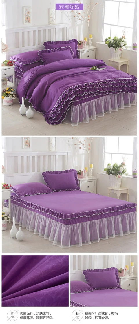 Koreanische Prinzessin Bett bezug 4 Stück Set einfarbige Rüschen Spitze Bett bezug und Kissen bezug für Mädchen Frau romantische Tages decke – Detail 18