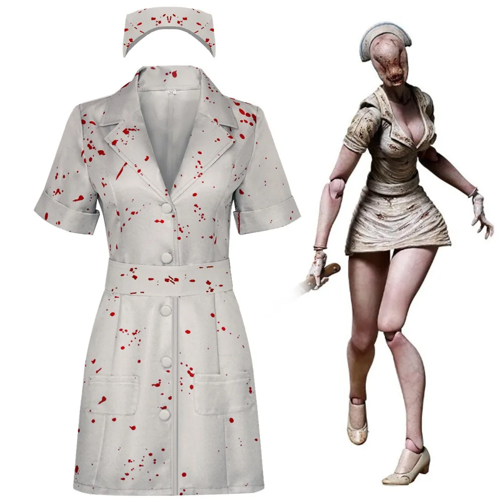 Costume d'infirmière zombie effrayant pour femme – Tenue de cosplay complète d'Halloween avec robe, casquette, détails de ceinture