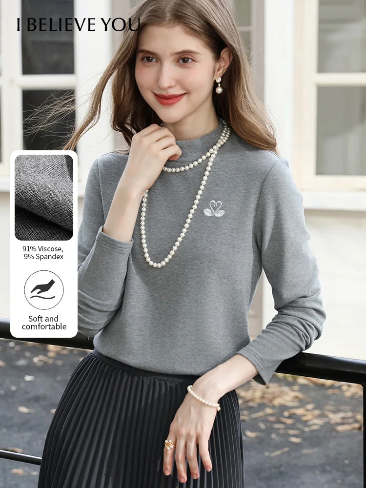 

Женская серая футболка с воротником-стойкой I BELIEVE YOU, осень-зима 2022, флисовые теплые футболки с вышивкой и внутренним слоем 2253236137