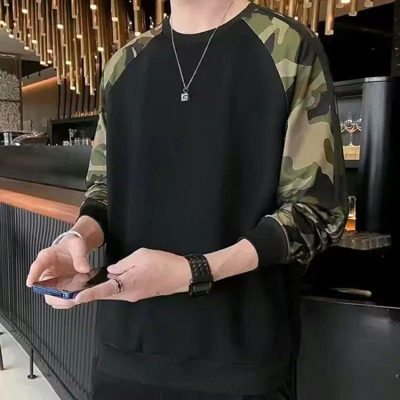 LIBIELIY Fashion O-Neck Spliced Printed Camouflage Sweatshirts Men's Clothing 2025 Autumn Winter Loose Korean Tops Casual Sweats