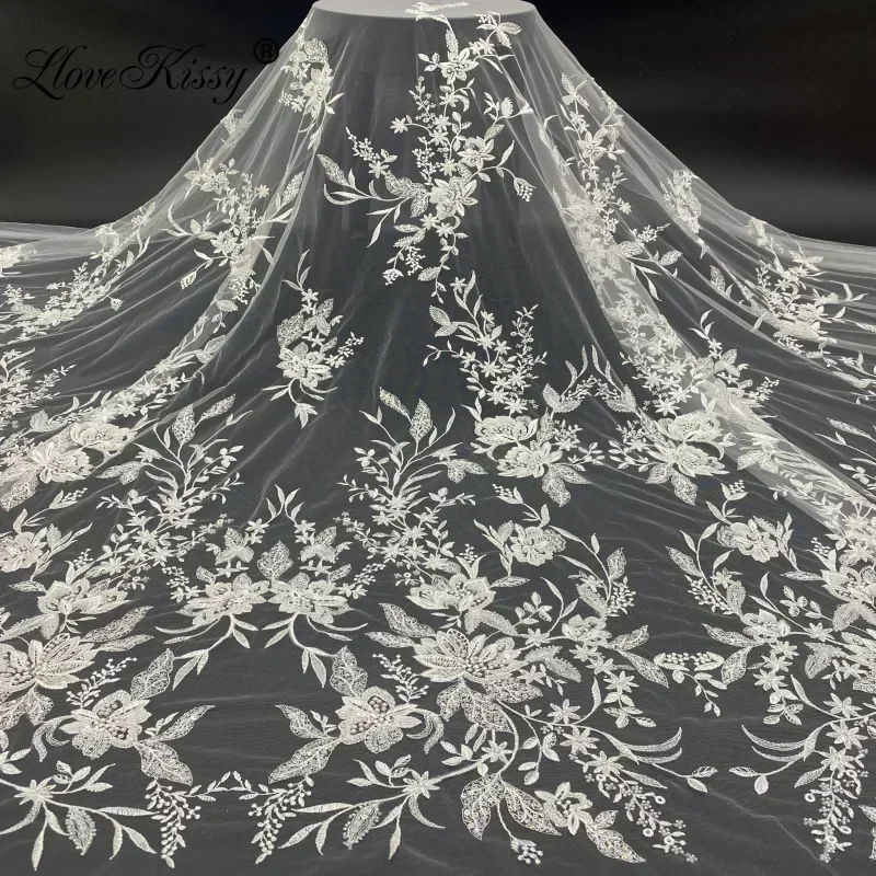 

New Lace Embroidery Fabric+beads+3/4MM Sequin Embroidery DIY Sewing Wedding Dress Hot Sell Beaded Lace Fabric Wide:125CM