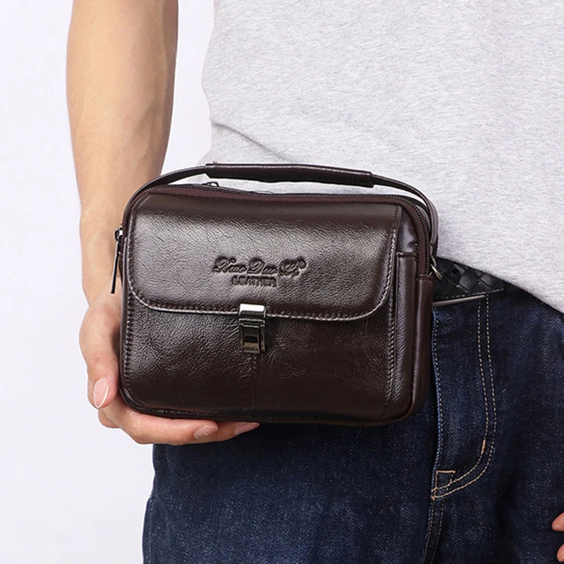 Riñonera de piel auténtica para hombre, bolso de negocios multifunción, bandolera pequeña de 7\