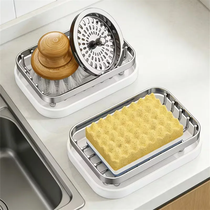 Stainless Steel Soap Dish with PP Drain Tray Draining Soap Holder Desktop Scrubber Brush Storage Organizer for Bathroom Kitchen view 5