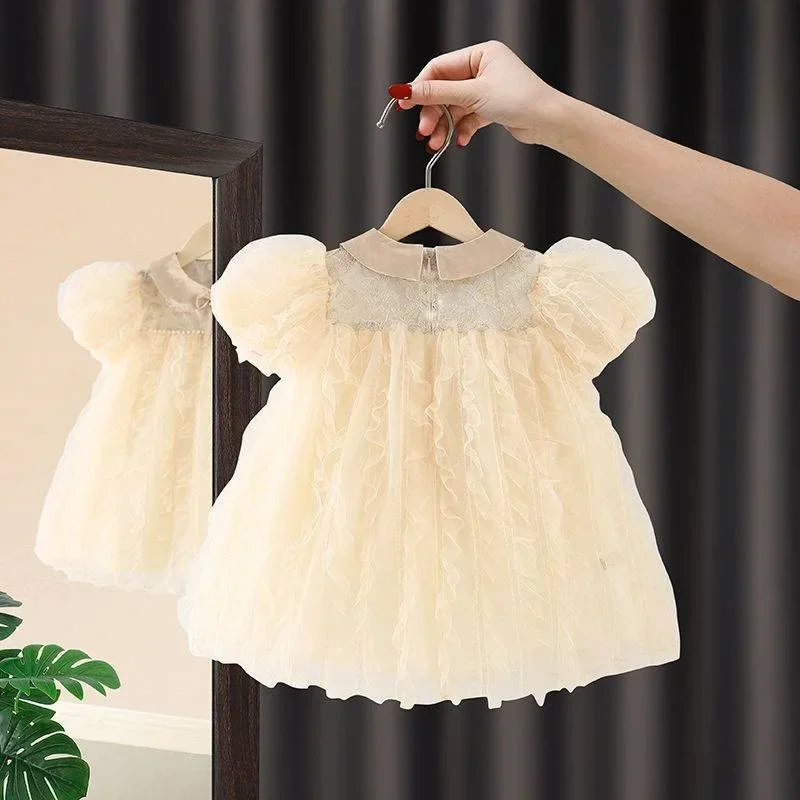 

Baby Girl Princess Flower Pearl Tutu Dress Peter Pan Collar Infant Toddler Mesh Vestido Party Pageant Birthday Baby Clothes 1-5Y