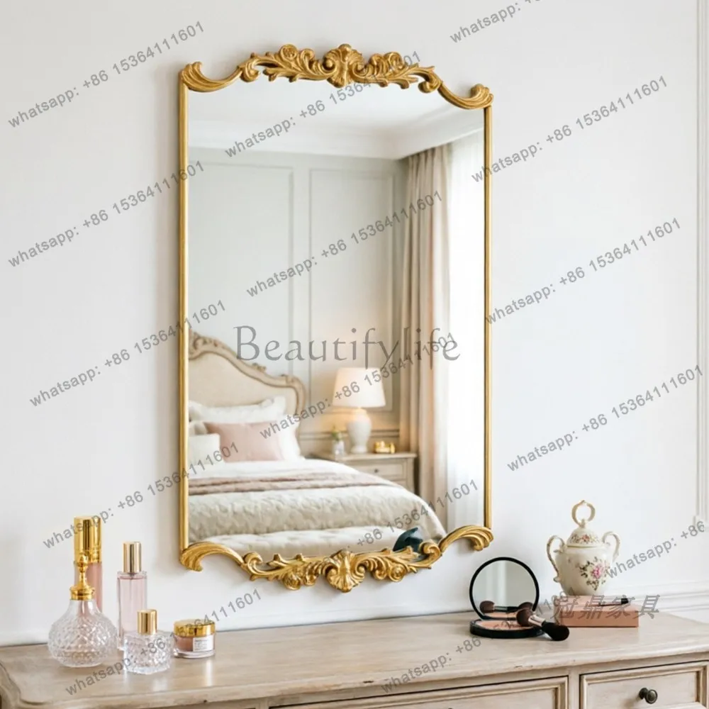 YJ French Retro American Mid-century Carved Full Length Mirror Luxury Wall Leaning Floor Mirror For Living Room Entryway Decor