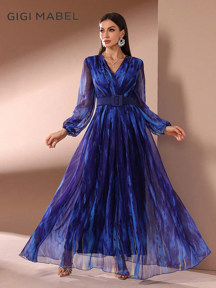 

GIGI MABEL Women V-Neck Simple Casual Sheer Long Sleeve Long Dress 2025 Summer Fashion Elegant Formal Party Evening Maxi Dresses