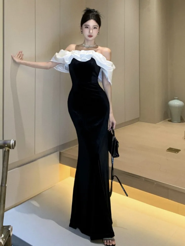 Sexy Bodycon Black Velvet Evening Party Dress Slash Neck Slim Mermaid Long Dresses for Women Prom Robe Wedding Vestidos Mujer