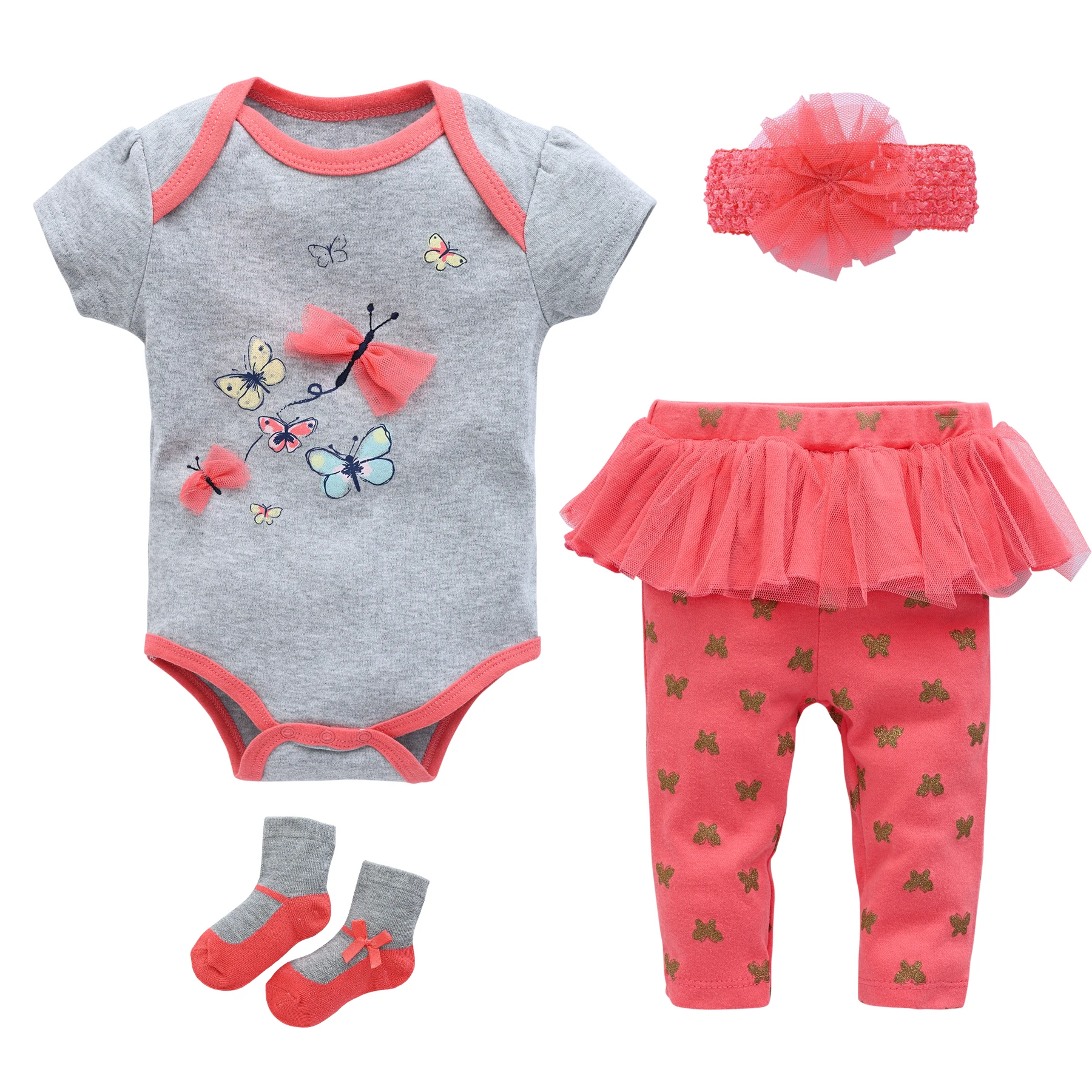 4 Pieces Baby Girls Clothing Set Kids Baby Romper+Pant+Socks+Headband Pink Cotton Baby Gilrs Dresses Gift Suit