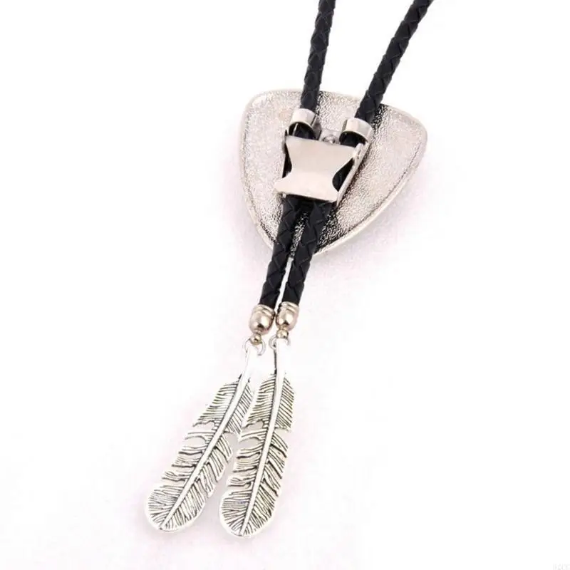 62CC Men Women Vintage Bolo Tie Western Cowboy Faux Leather Rope Necktie Triangular Stone Feathered Pendant Western Necklace