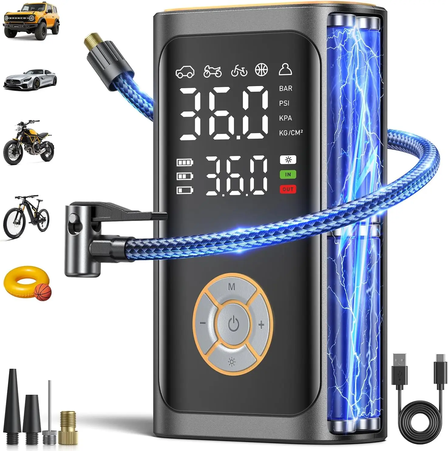 

Portable Tire Inflator 150PSI Electric Air Pump with Digital Gauge & LED Light for Car, Motorcycle, Bike