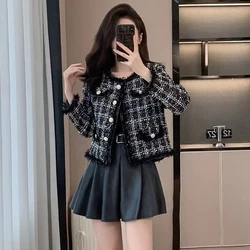 Vintage Tweed Crop Jacket Women Y2K Winter Chic Splicing Tassel Plaid Coats Ladies Korean Elegant All-Match Short Outerwear New