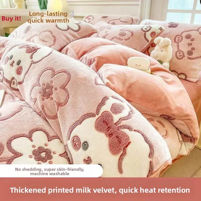 

Thickened Milk Velvet Bedding Three-Piece Set Double-Sided Flocking Dormitory Bed Sheet Cartoon Style Winter Collection