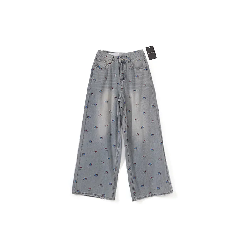 

Bodhl 2025 New Faionable Print Long Jeans Women's Versatile Casual High Waist Straight Leg Loose Wide Leg Denim Pants