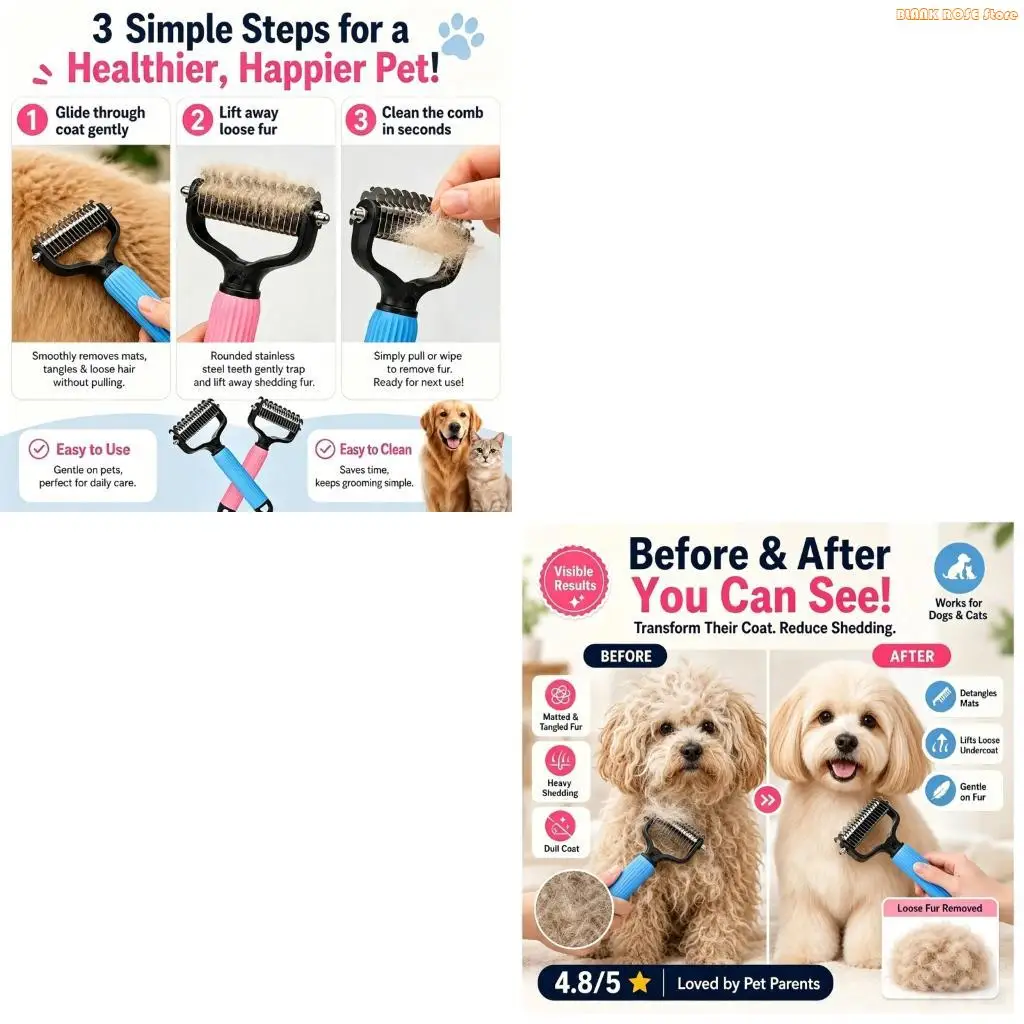 K1AE Ergonomic Pet Hair Brush Pet Deshedding Brush Safely Removes Mats And Undercoat Without Pulling Or Irritating Skin