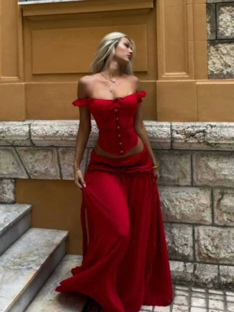 2026 Summer Red Vacation Style Sexy Hot Girl Lace One Shoulder Tight Strap Top+Drawn Half length Skirt Set Two Piece Set