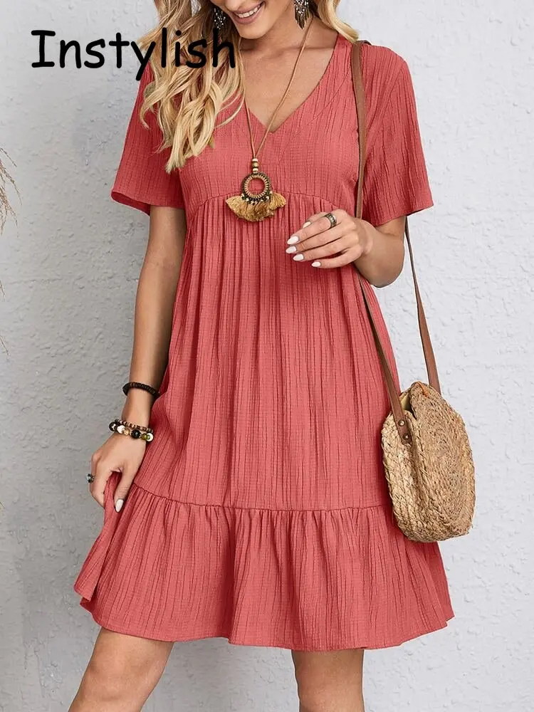 Elegantes Damen-Minikleid mit V-Ausschnitt und Rüschen, Sommer Vintage Einfarbiges Loses Sommerkleid, Bohemian Casual Strandparty-Kleid 2023