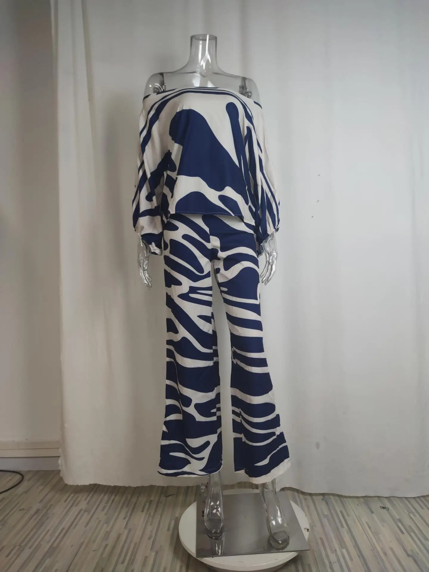 VEITCHE Frauen Print Outfit Ärmel Off Schulter Langarm Bluse Büro Dame 2-teilige Sets Frühling Herbst Breite Bein Hosen Anzug – Detail 14