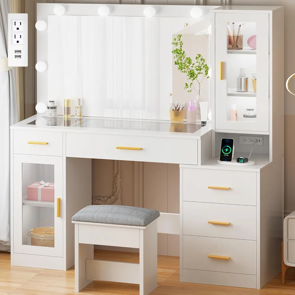

49.2" Large Vanity Desk with Mirror White Makeup Vanity Table Drawers,Cabinet,Nightstand,Dressing Table for Bedroom Women